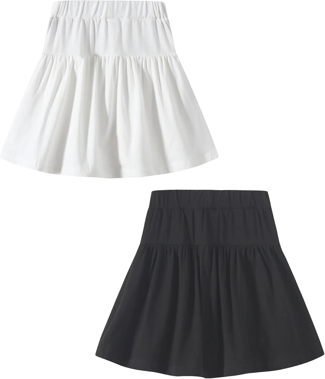 2 Pack Girls Skirts Elastic Flared Plain Tennis Skater Skirts with Built-in Shorts Kids Active Flowy Skorts