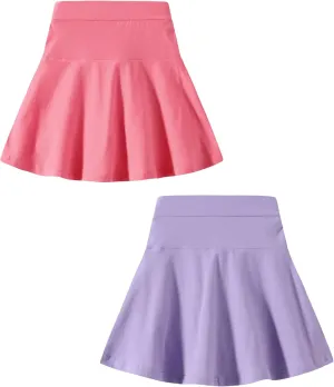 2 Pack Girls Skirts Elastic Flared Plain Tennis Skater Skirts with Built-in Shorts Kids Active Flowy Skorts
