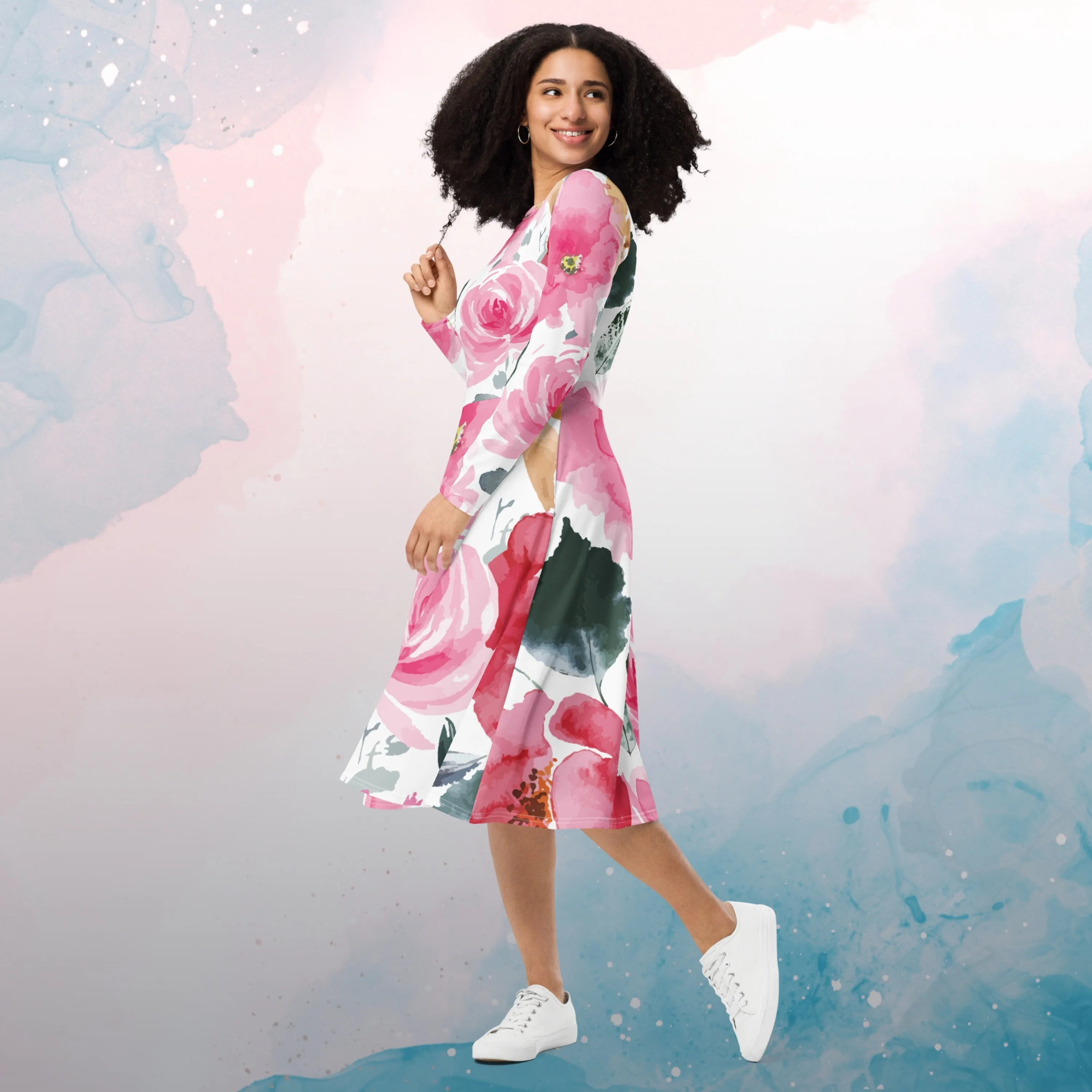 Bold Floral Pattern Womens Long Sleeve Midi Dress with Pockets