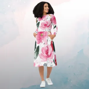 Bold Floral Pattern Womens Long Sleeve Midi Dress with Pockets