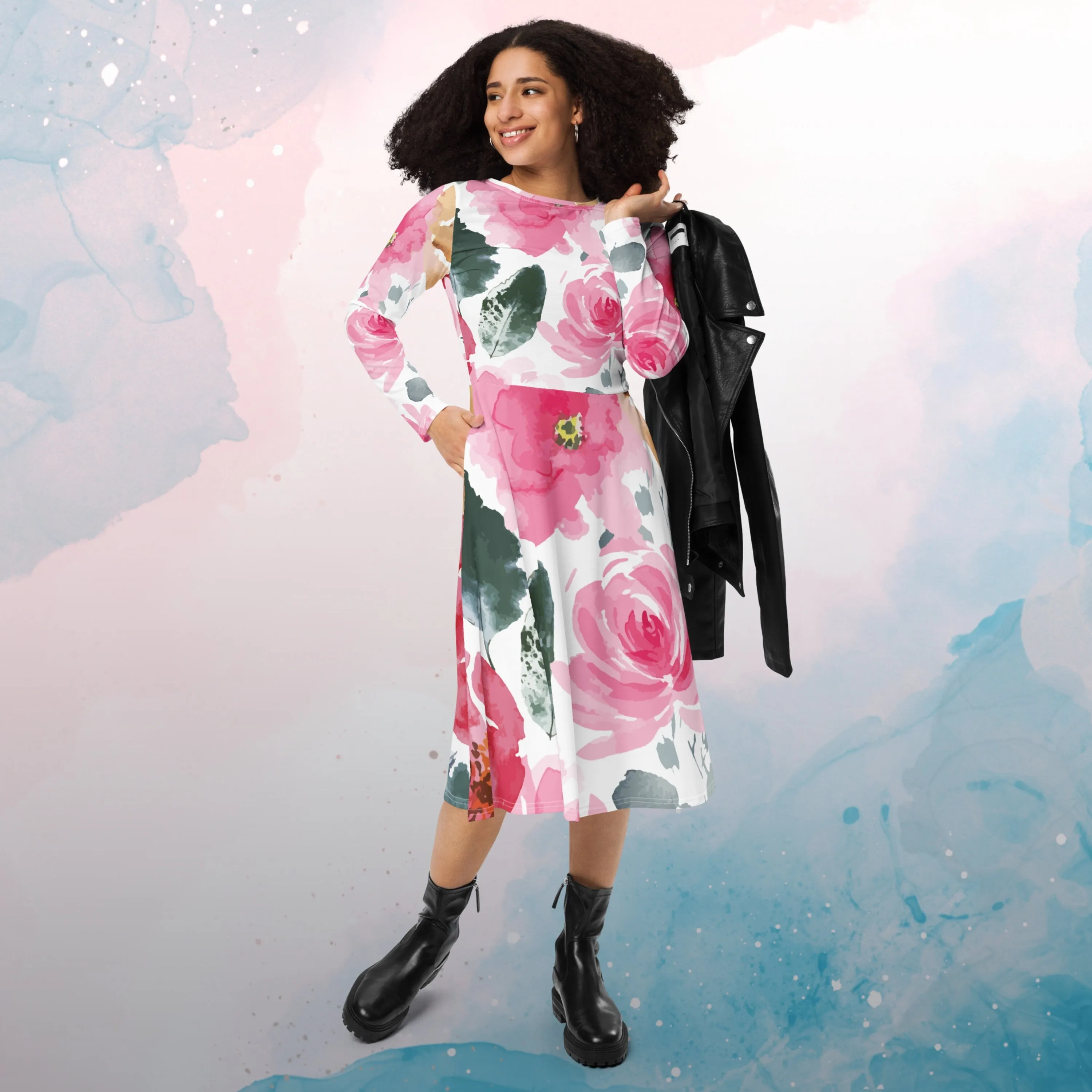 Bold Floral Pattern Womens Long Sleeve Midi Dress with Pockets