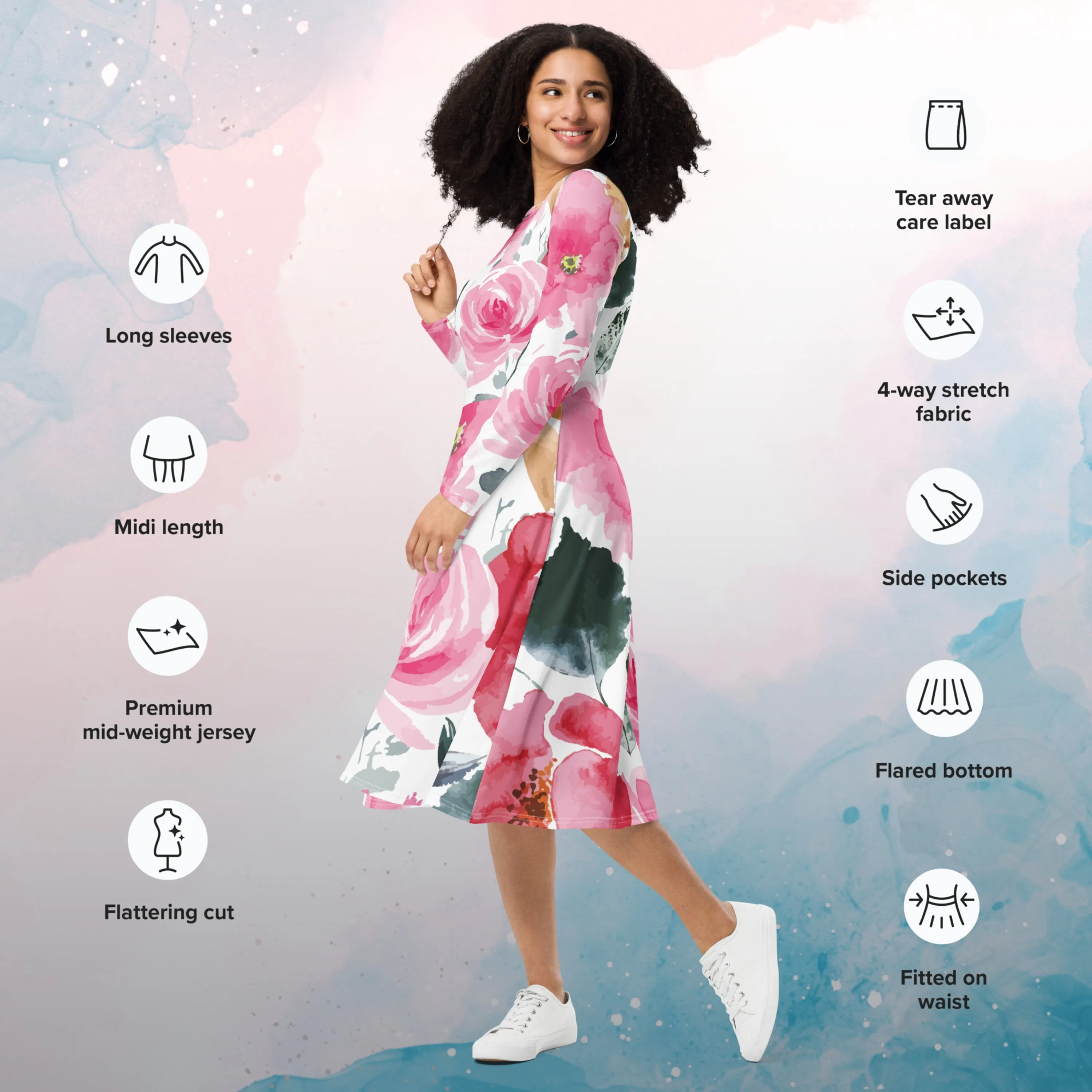 Bold Floral Pattern Womens Long Sleeve Midi Dress with Pockets