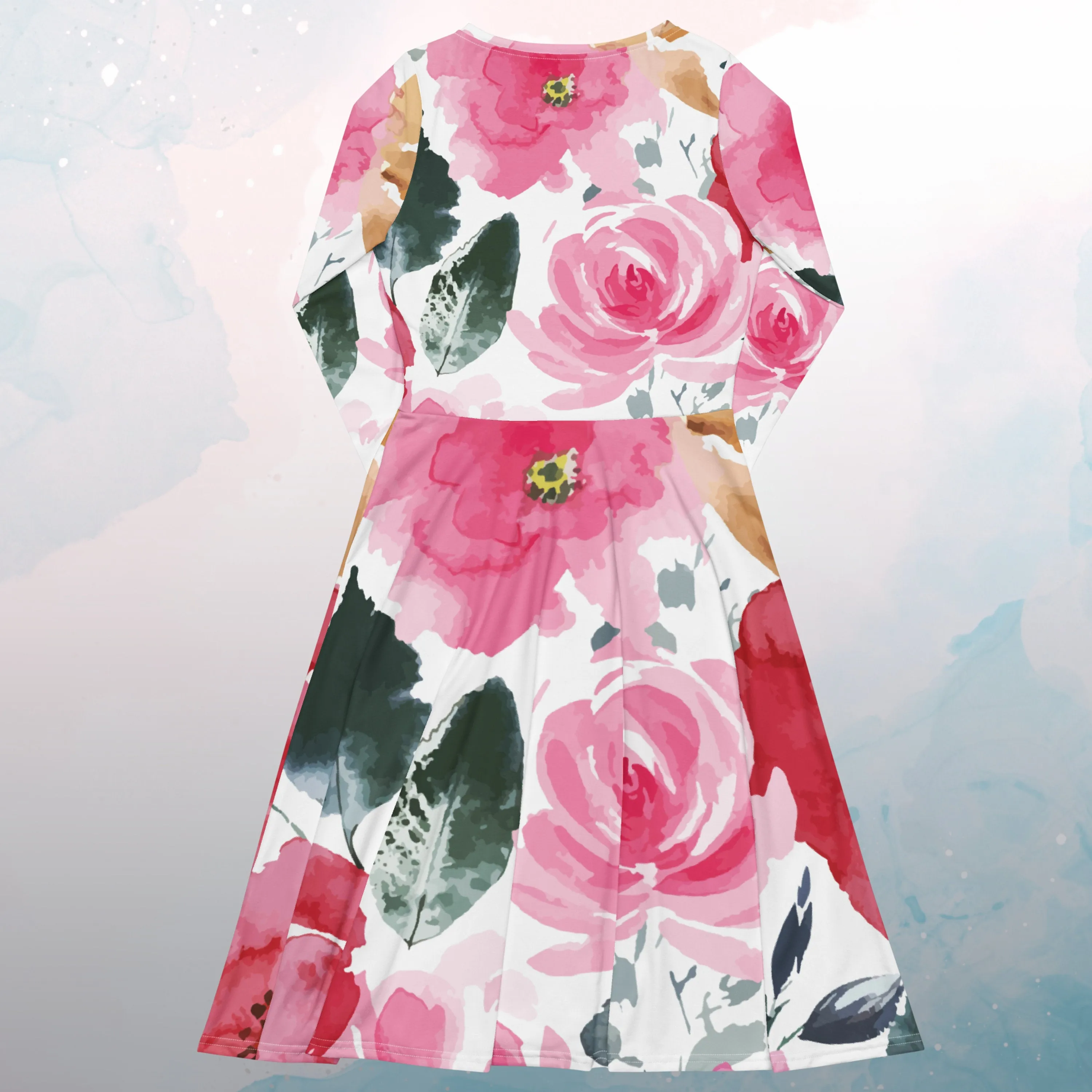 Bold Floral Pattern Womens Long Sleeve Midi Dress with Pockets
