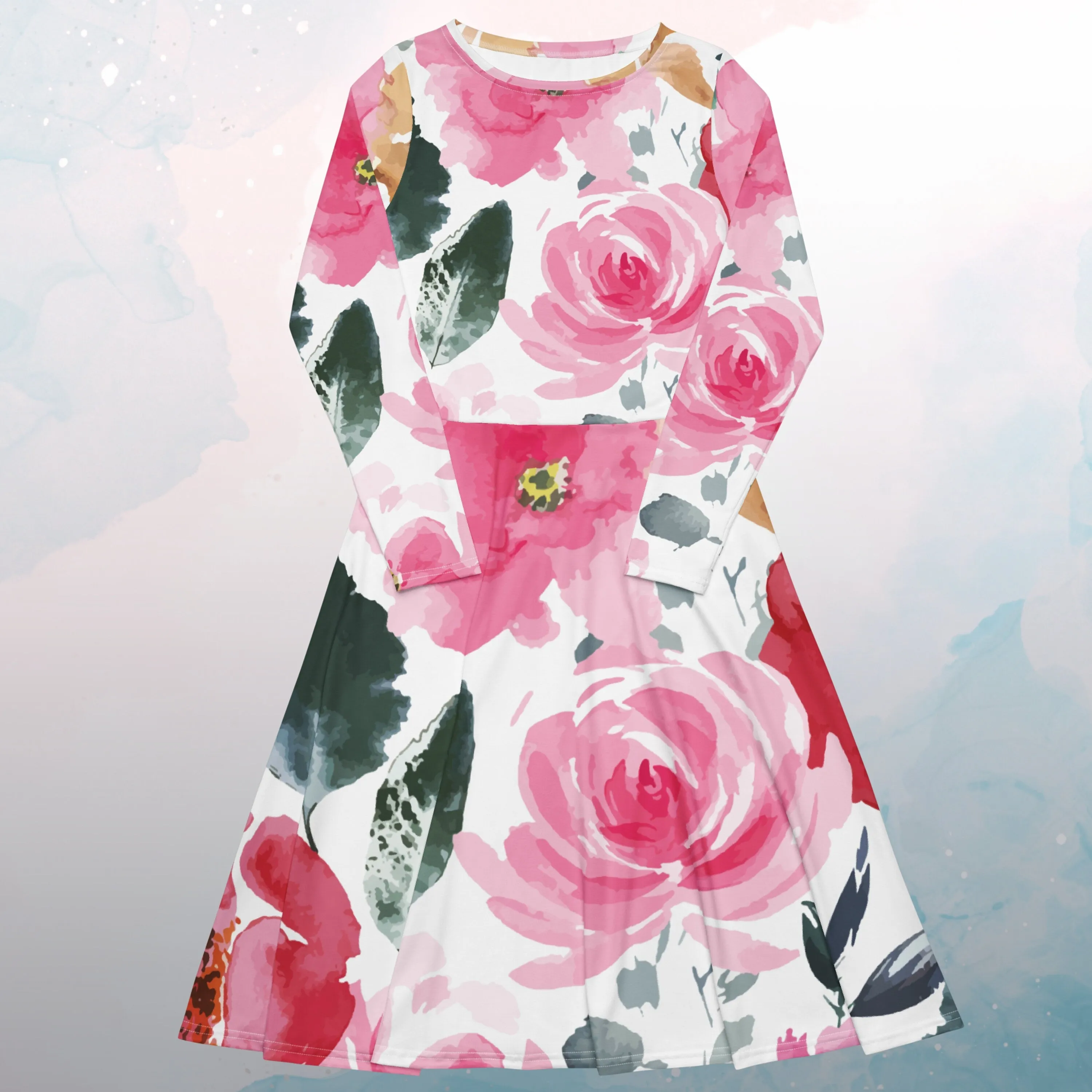 Bold Floral Pattern Womens Long Sleeve Midi Dress with Pockets