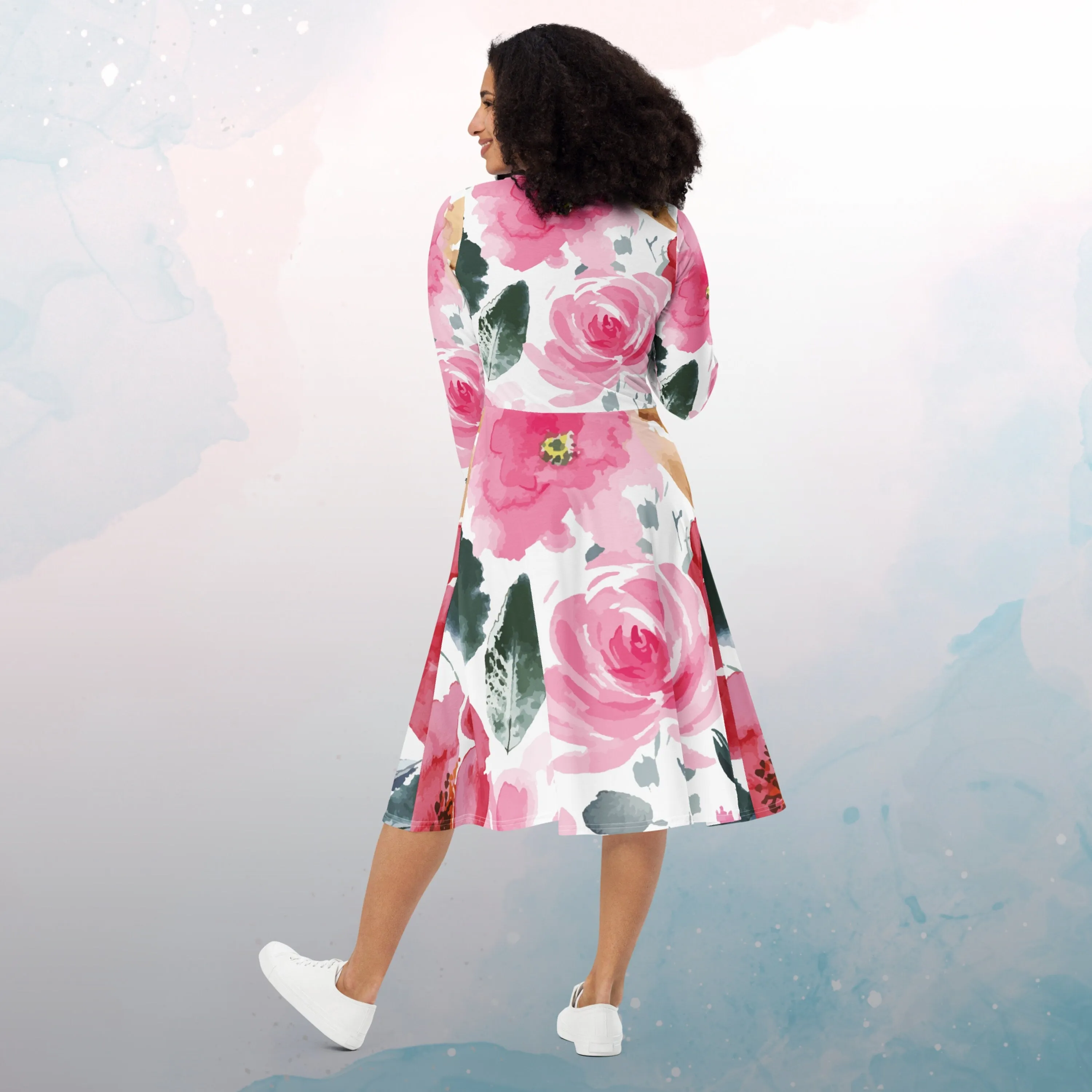 Bold Floral Pattern Womens Long Sleeve Midi Dress with Pockets