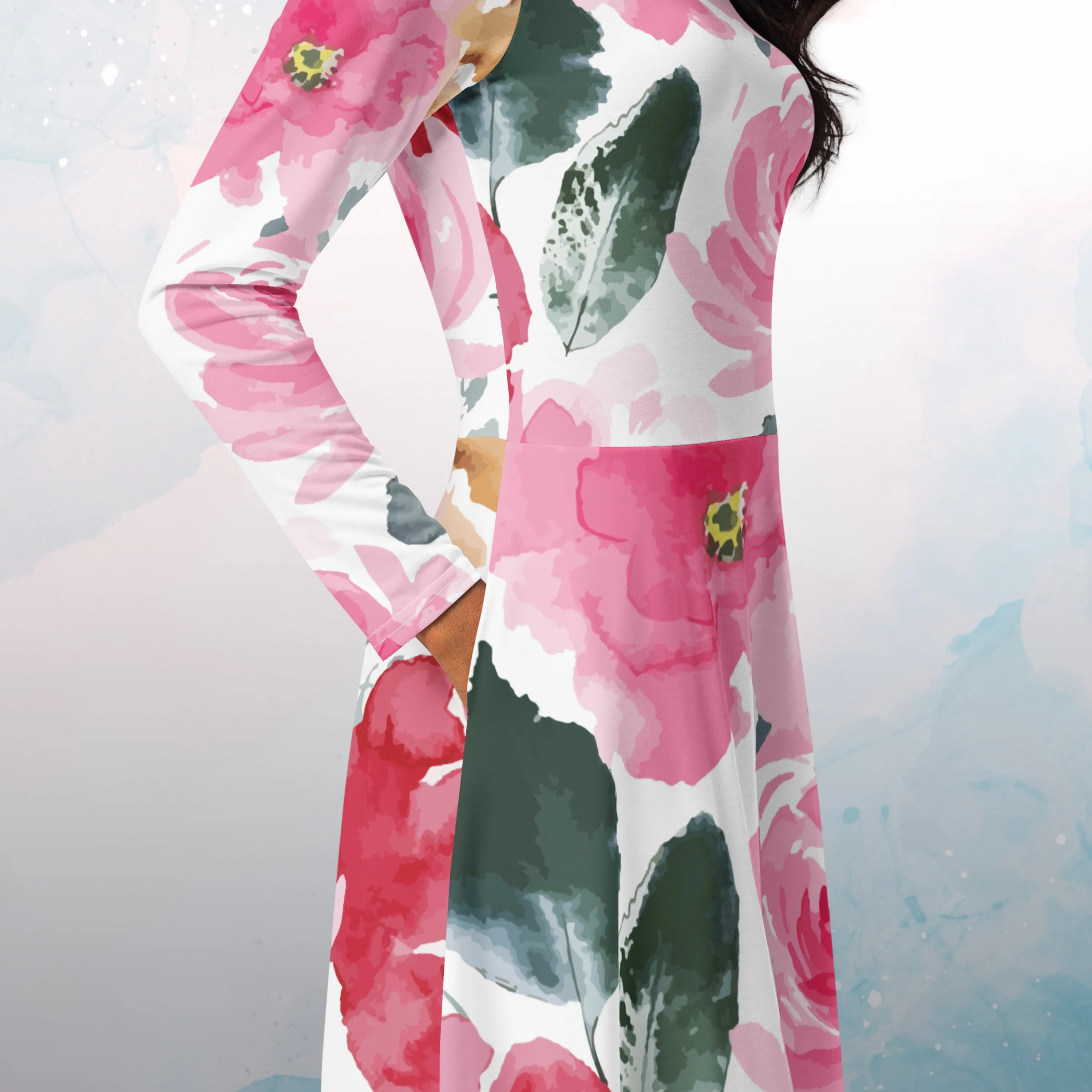 Bold Floral Pattern Womens Long Sleeve Midi Dress with Pockets