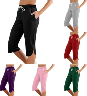 Capris for Women Casual Summer Side Slit Straight Leg Crop Pant Loose Comfy Drawstring Jogger Capri Pants with Pocket