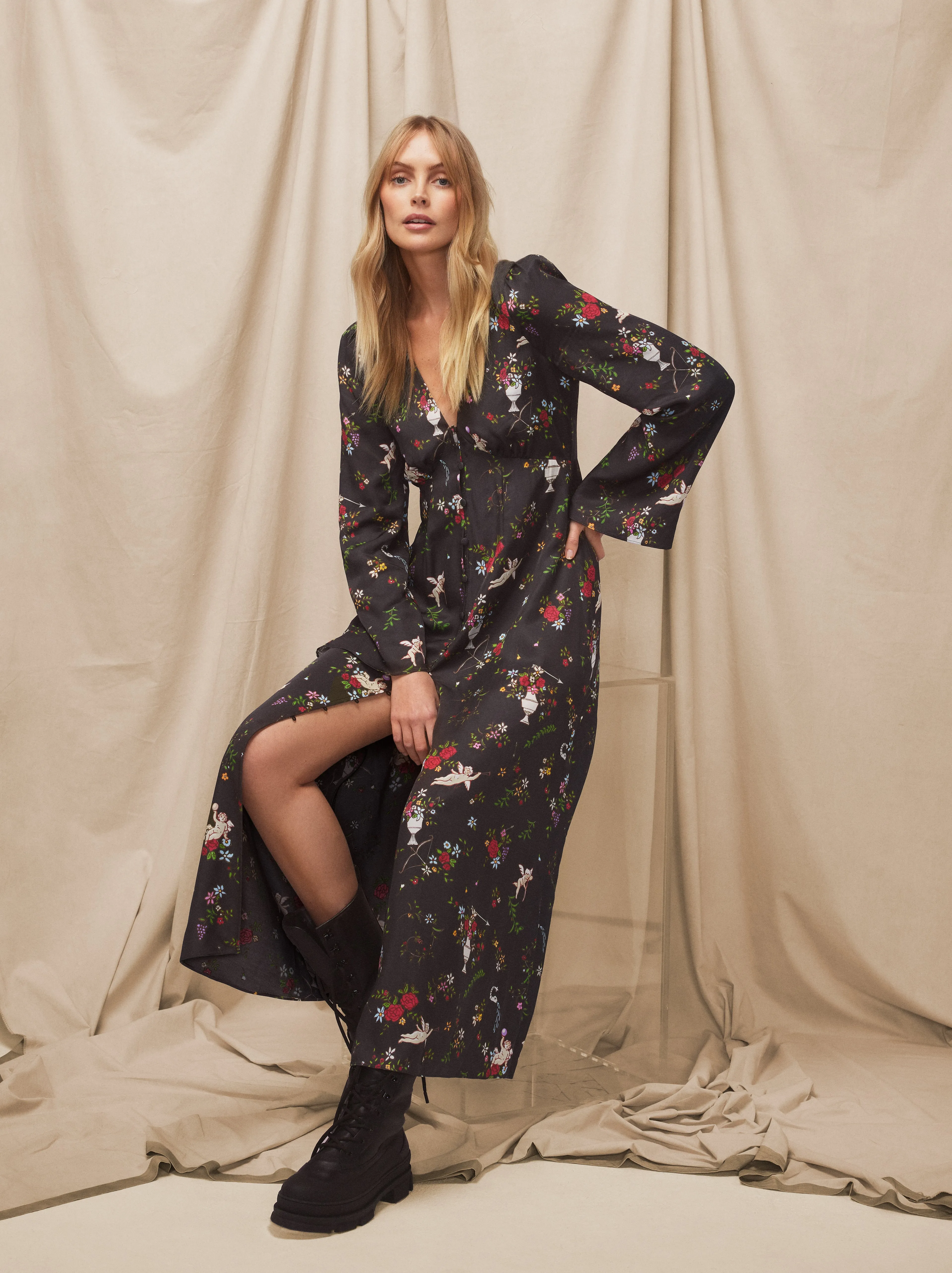 Dolores Black Cherub Print Dress