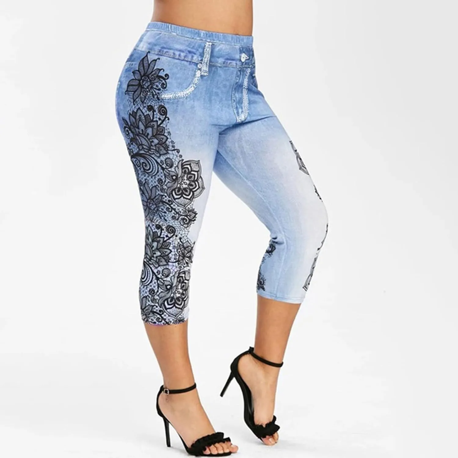 Faux Denim Cropped Legging Plus Size High Waisted Yoga Pants Women's Capri Short Tights Stretch Denim Jeans Jeggings