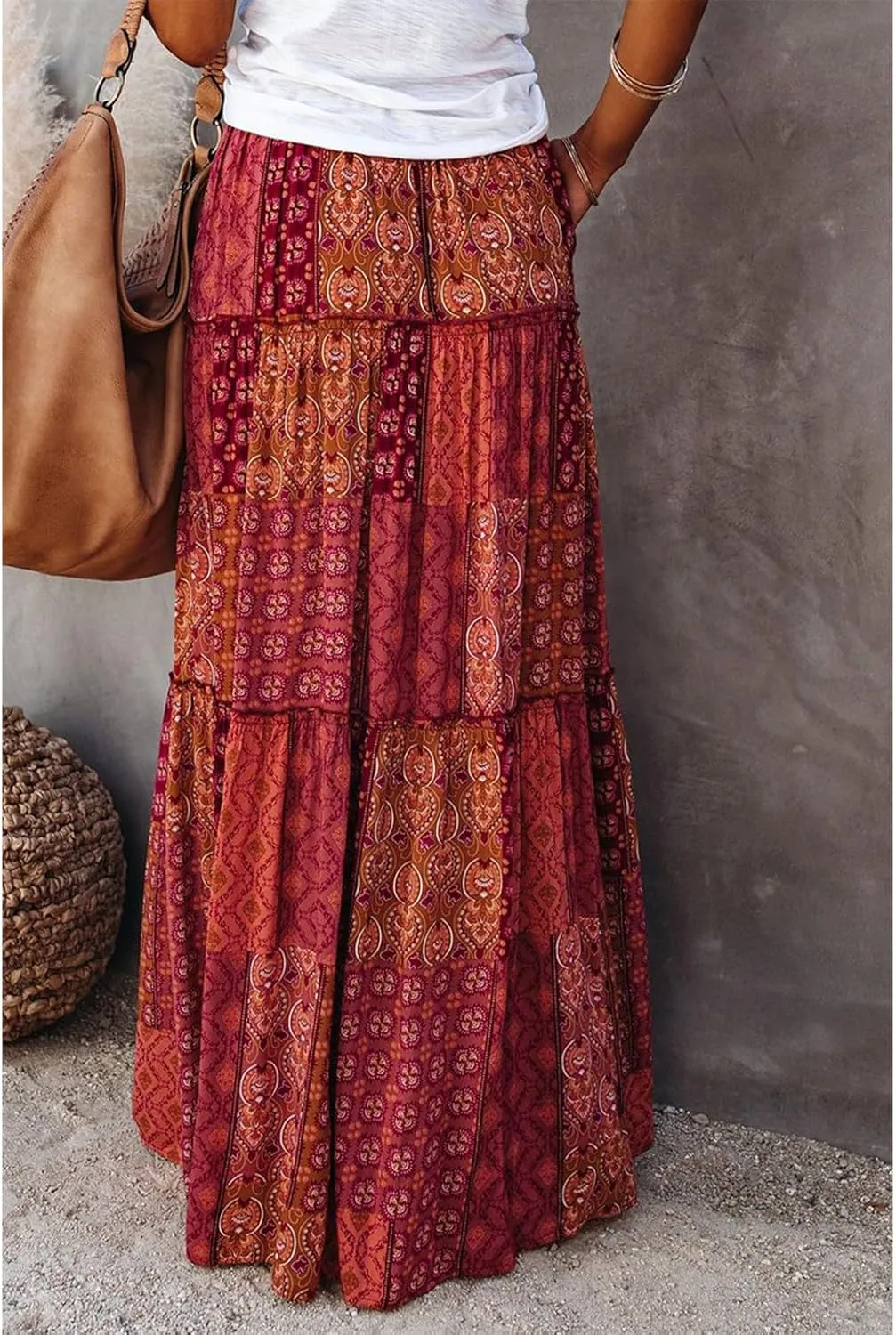 Floral Maxi Skirts for Women Trendy Summer Elastic High Waisted Long Skirts Tiered Flowy Swing A Line Skirt w/Pockets