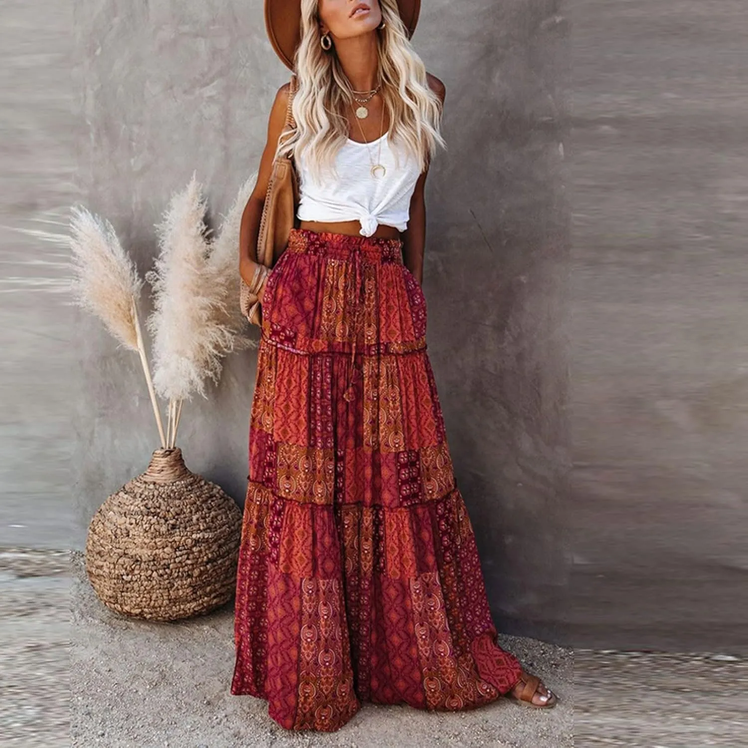Floral Maxi Skirts for Women Trendy Summer Elastic High Waisted Long Skirts Tiered Flowy Swing A Line Skirt w/Pockets