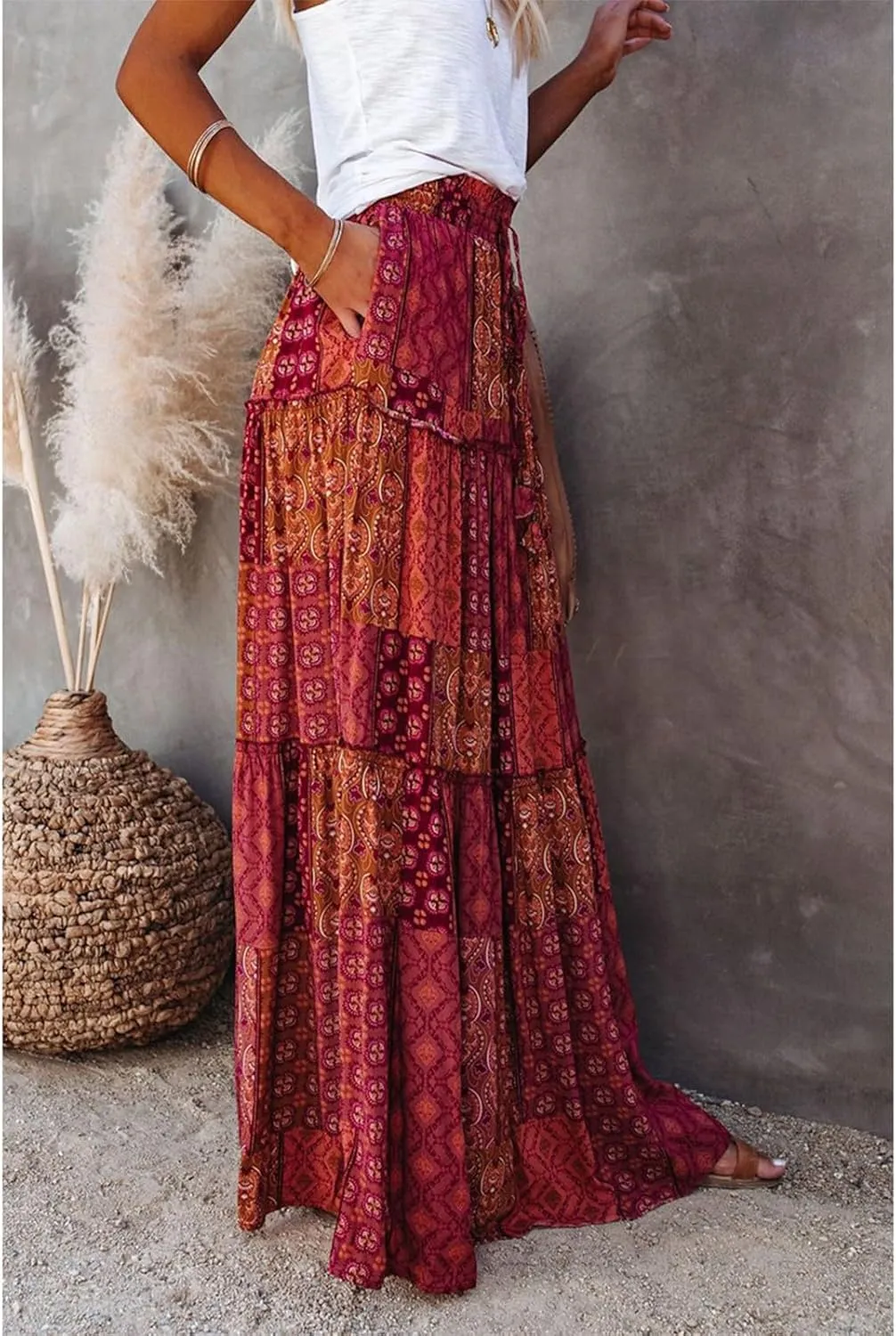 Floral Maxi Skirts for Women Trendy Summer Elastic High Waisted Long Skirts Tiered Flowy Swing A Line Skirt w/Pockets