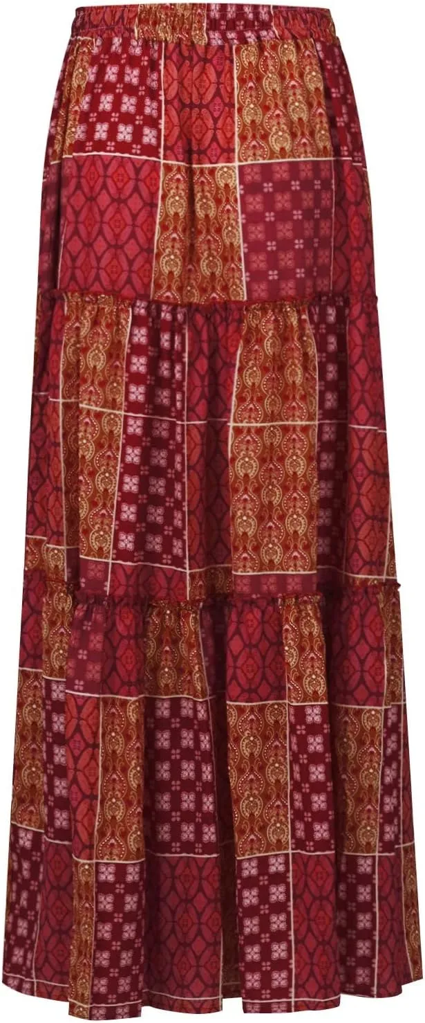 Floral Maxi Skirts for Women Trendy Summer Elastic High Waisted Long Skirts Tiered Flowy Swing A Line Skirt w/Pockets
