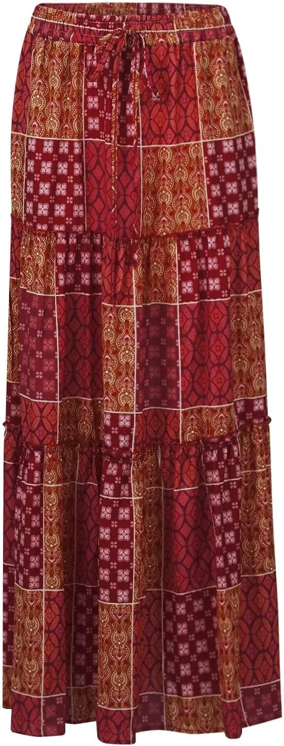 Floral Maxi Skirts for Women Trendy Summer Elastic High Waisted Long Skirts Tiered Flowy Swing A Line Skirt w/Pockets
