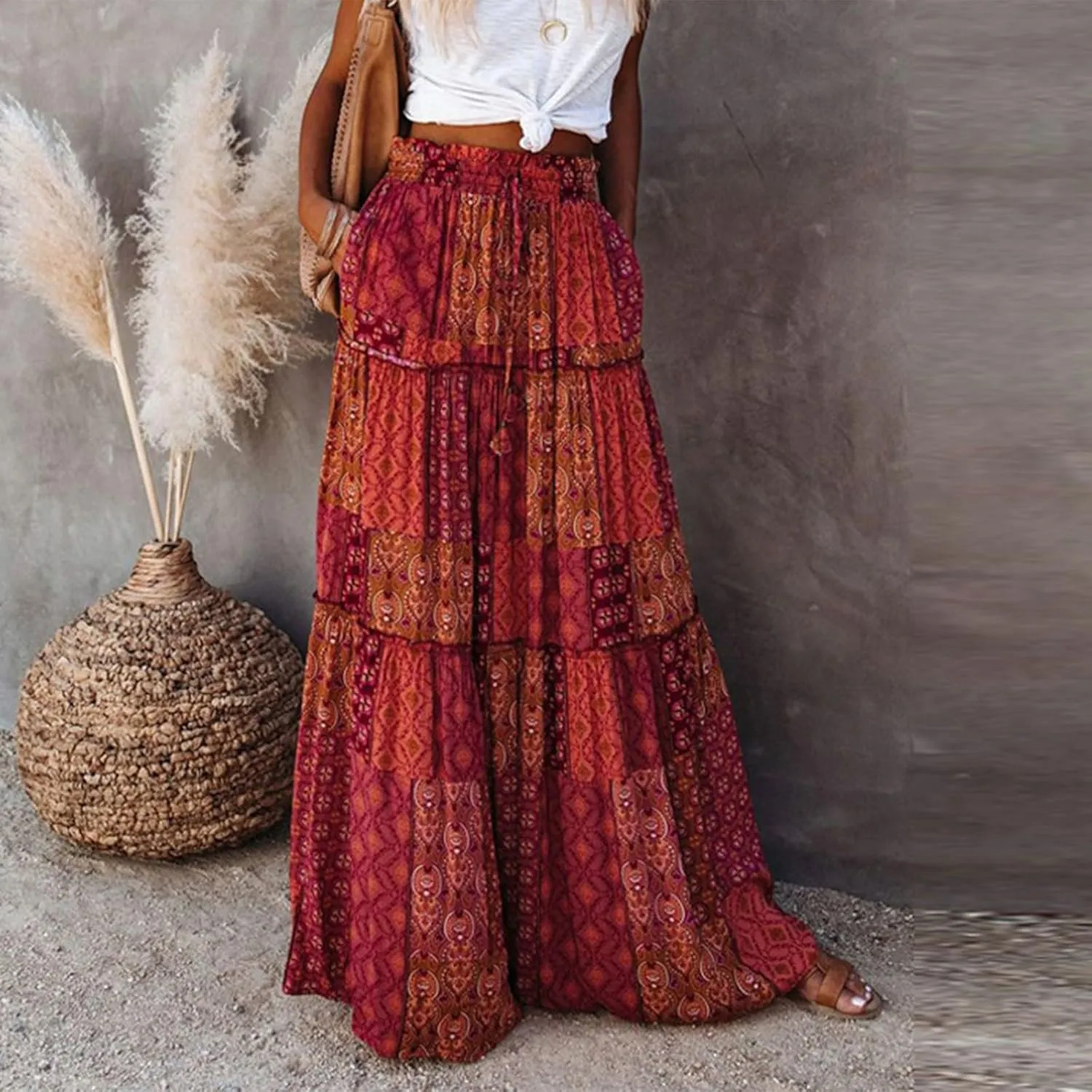 Floral Maxi Skirts for Women Trendy Summer Elastic High Waisted Long Skirts Tiered Flowy Swing A Line Skirt w/Pockets