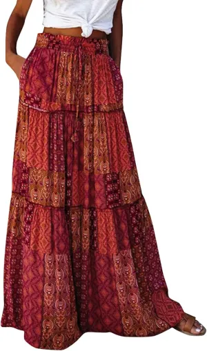 Floral Maxi Skirts for Women Trendy Summer Elastic High Waisted Long Skirts Tiered Flowy Swing A Line Skirt w/Pockets