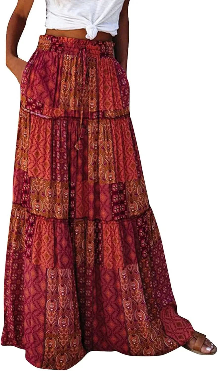 Floral Maxi Skirts for Women Trendy Summer Elastic High Waisted Long Skirts Tiered Flowy Swing A Line Skirt w/Pockets