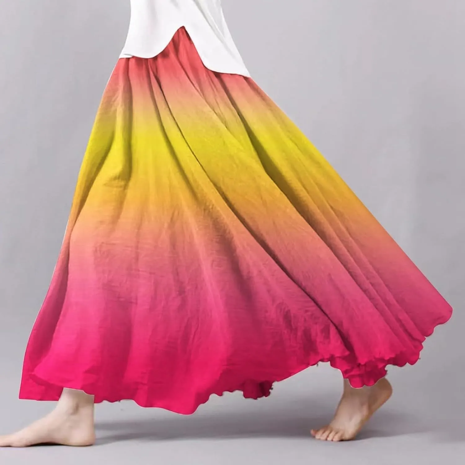 Flowy Maxi Skirts for Women Boho Beach Vacation Gradient Color Elastic Waist Linen A Line Long Skirt Swing Dress