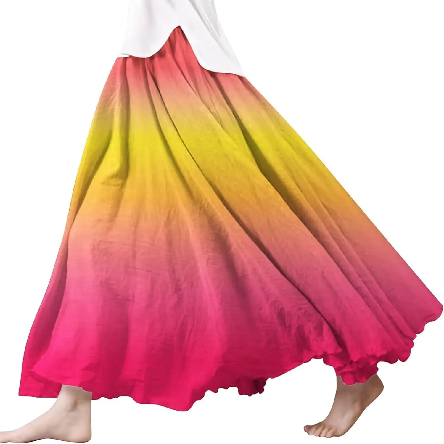 Flowy Maxi Skirts for Women Boho Beach Vacation Gradient Color Elastic Waist Linen A Line Long Skirt Swing Dress