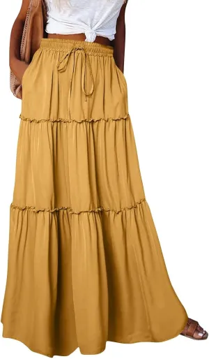 Flowy Tiered Maxi Skirts for Women 2025 Trendy Summer Vacation Boho Floral Skirt Elastic Drawstring A Line Skirt
