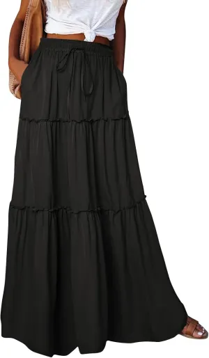 Flowy Tiered Maxi Skirts for Women 2025 Trendy Summer Vacation Boho Floral Skirt Elastic Drawstring A Line Skirt