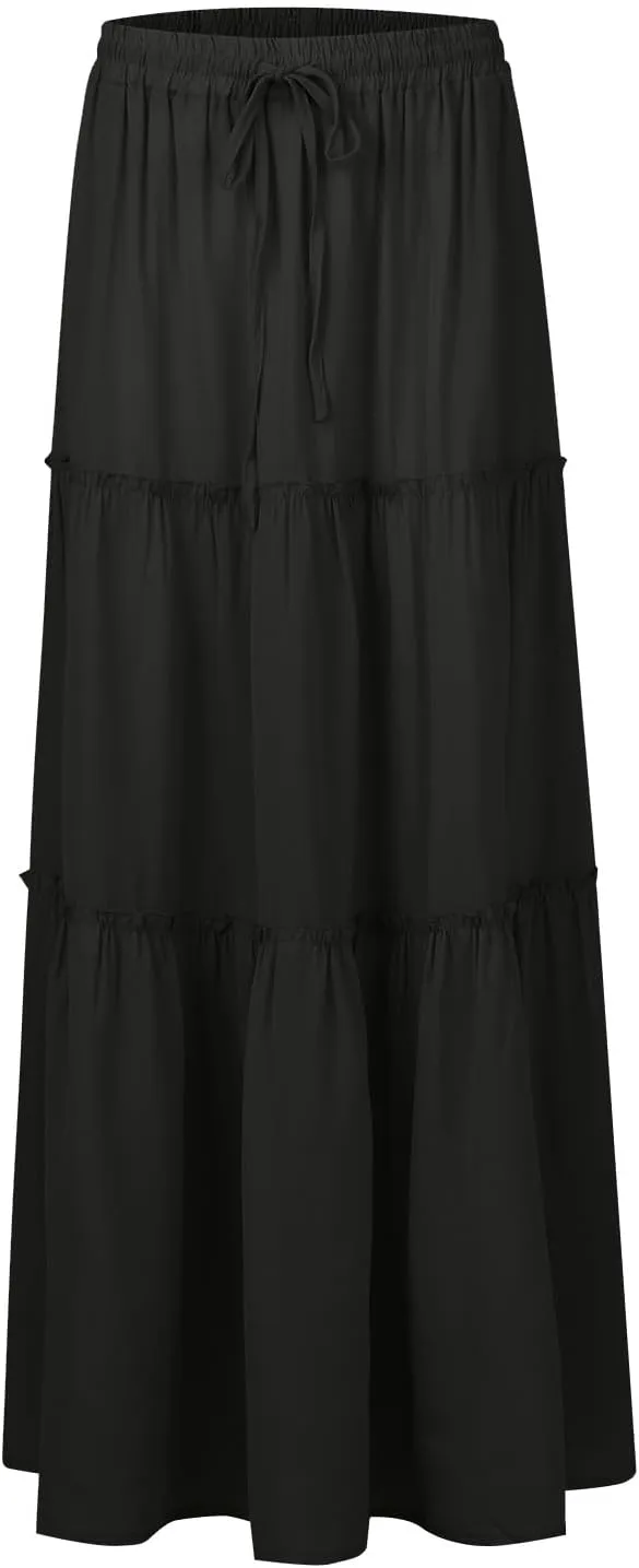 Flowy Tiered Maxi Skirts for Women 2025 Trendy Summer Vacation Boho Floral Skirt Elastic Drawstring A Line Skirt