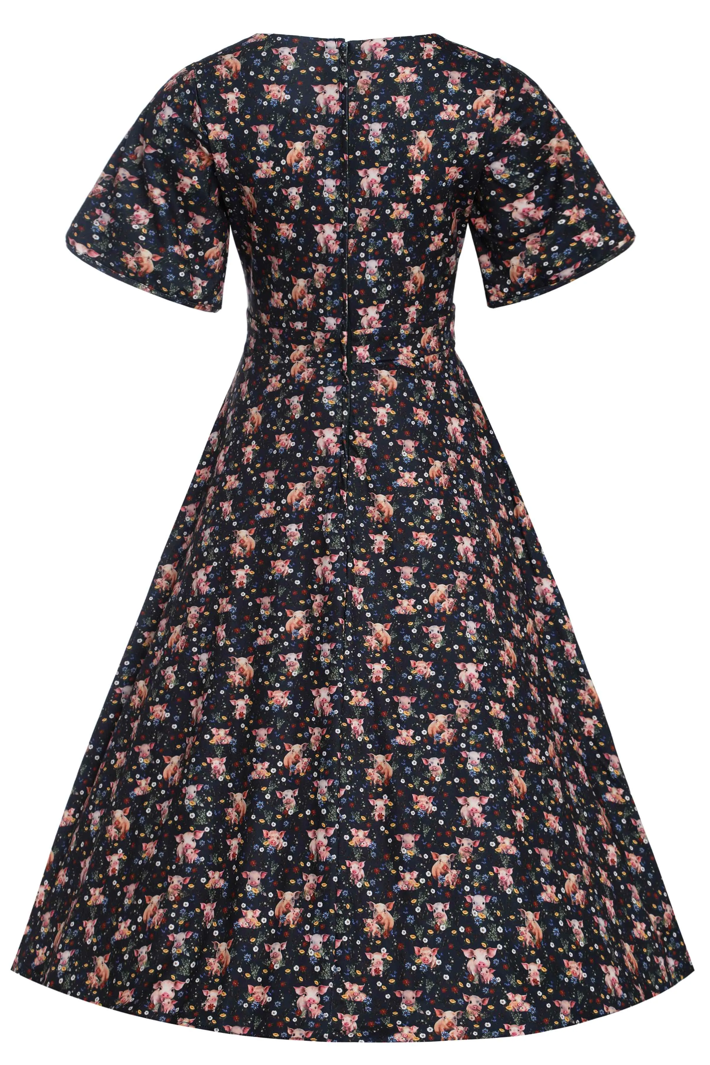 Janice Pig Print Petal Sleeved Tea Dress