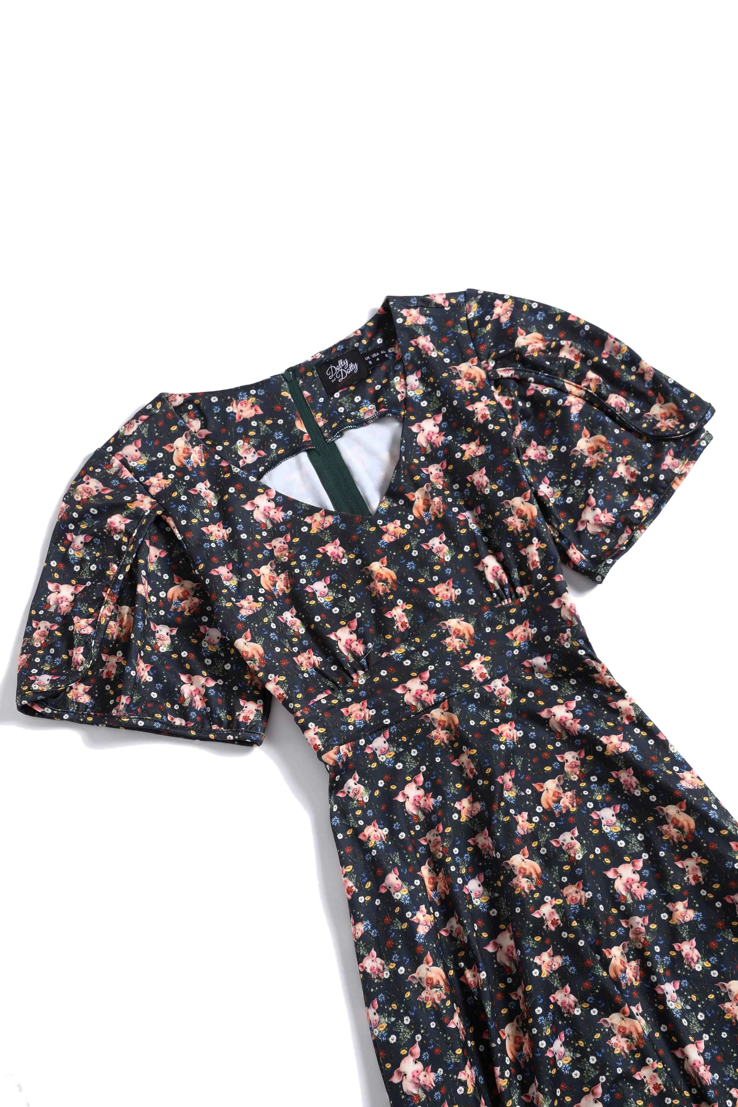 Janice Pig Print Petal Sleeved Tea Dress