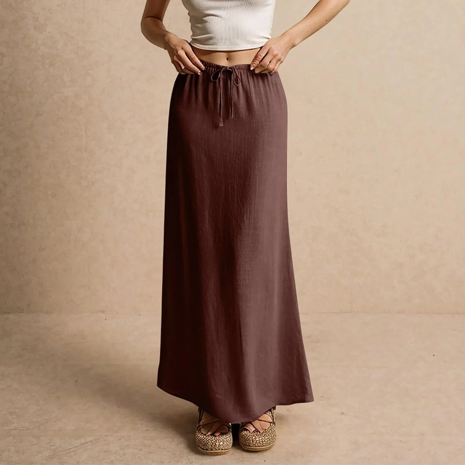 Linen Maxi Skirts for Women Trendy Summer Comfy Drawstring Waist A Line Skirts Cute Vacation Boho Long Flowy Skirt