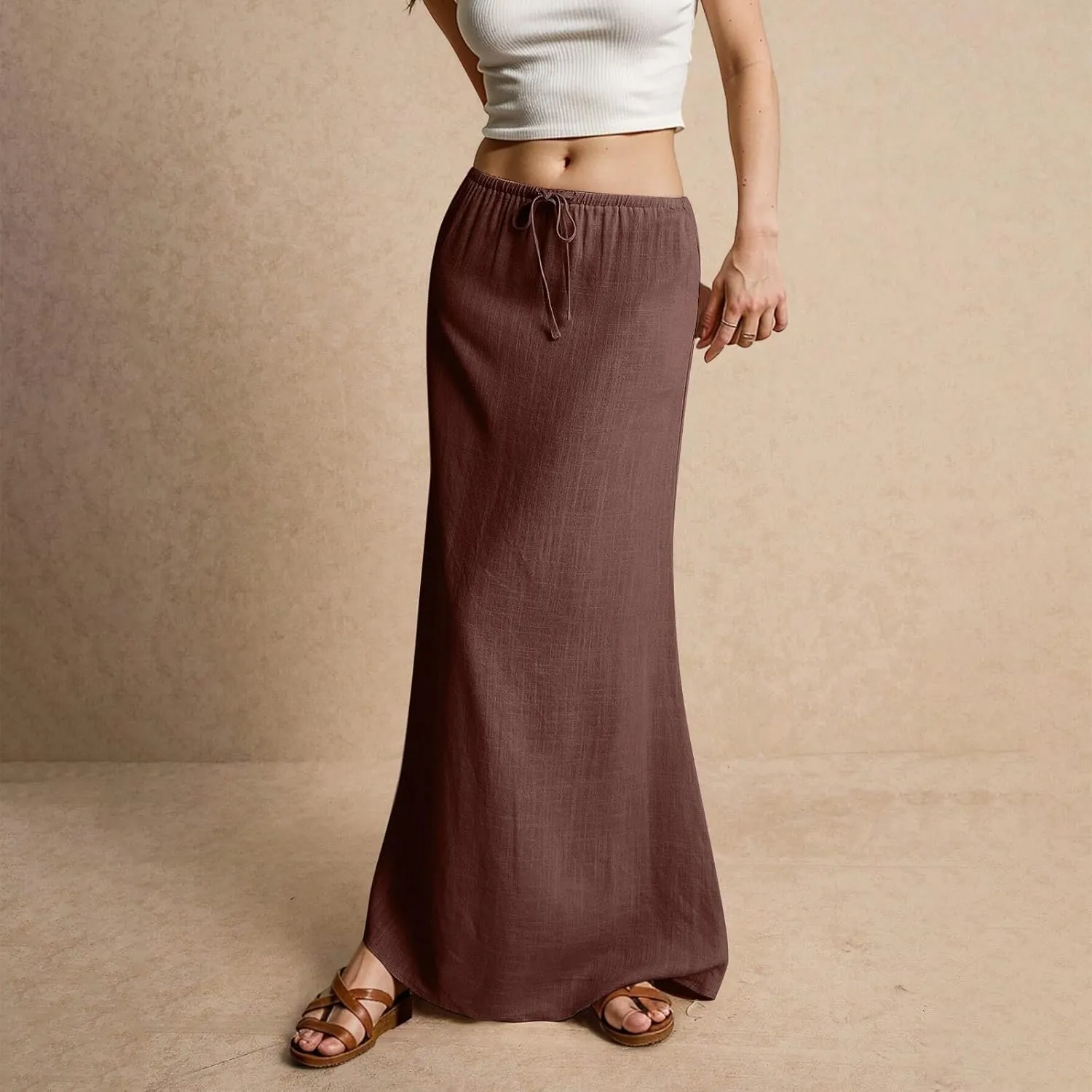 Linen Maxi Skirts for Women Trendy Summer Comfy Drawstring Waist A Line Skirts Cute Vacation Boho Long Flowy Skirt