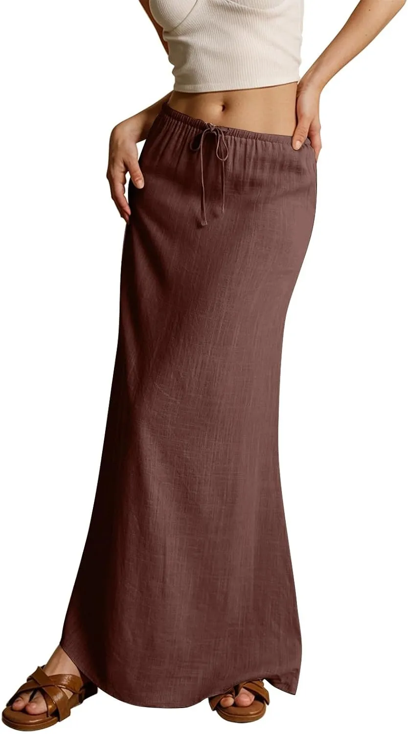Linen Maxi Skirts for Women Trendy Summer Comfy Drawstring Waist A Line Skirts Cute Vacation Boho Long Flowy Skirt