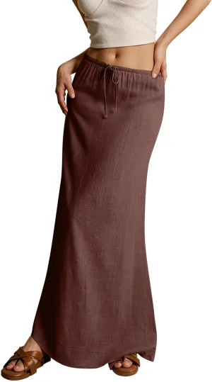 Linen Maxi Skirts for Women Trendy Summer Comfy Drawstring Waist A Line Skirts Cute Vacation Boho Long Flowy Skirt