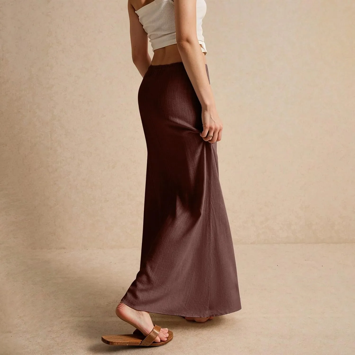 Linen Maxi Skirts for Women Trendy Summer Comfy Drawstring Waist A Line Skirts Cute Vacation Boho Long Flowy Skirt