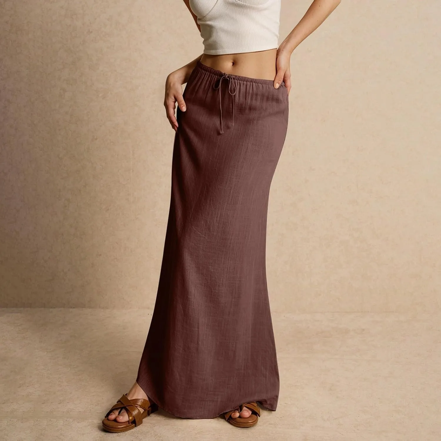 Linen Maxi Skirts for Women Trendy Summer Comfy Drawstring Waist A Line Skirts Cute Vacation Boho Long Flowy Skirt