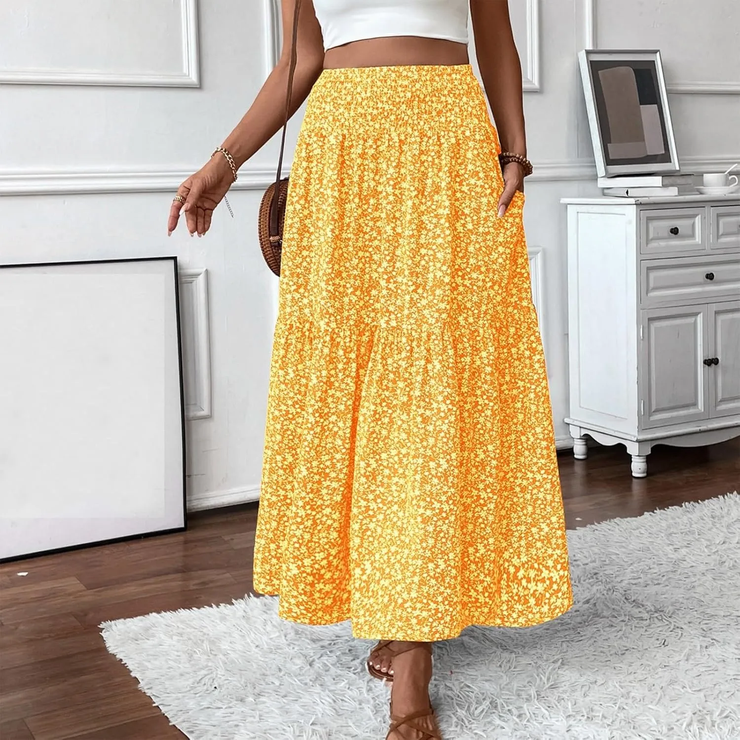 Long Flowy Skirts for Women Smocked High Waisted Floral Maxi Skirt with Pockets Boho Ruffle Tiered Beach A Line Skirt