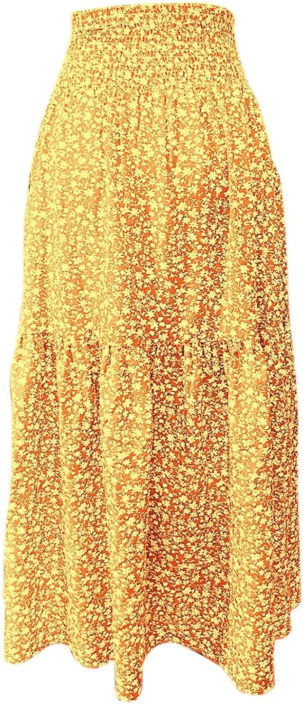Long Flowy Skirts for Women Smocked High Waisted Floral Maxi Skirt with Pockets Boho Ruffle Tiered Beach A Line Skirt