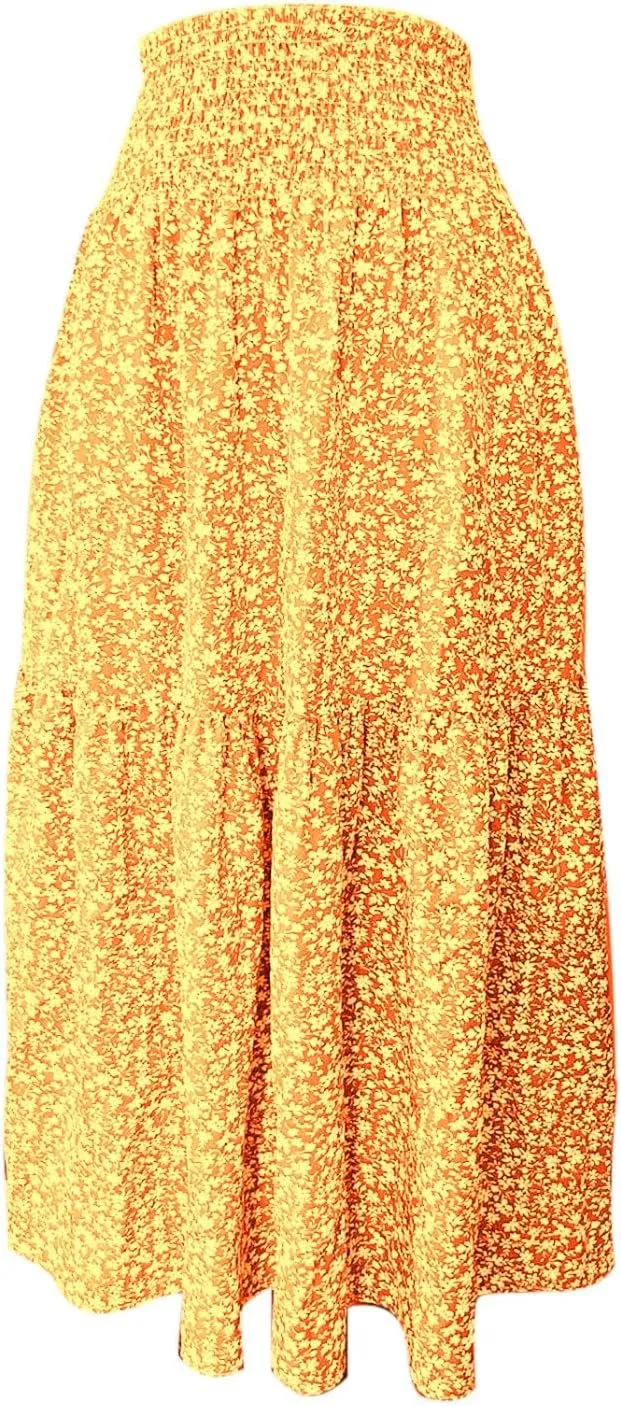 Long Flowy Skirts for Women Smocked High Waisted Floral Maxi Skirt with Pockets Boho Ruffle Tiered Beach A Line Skirt