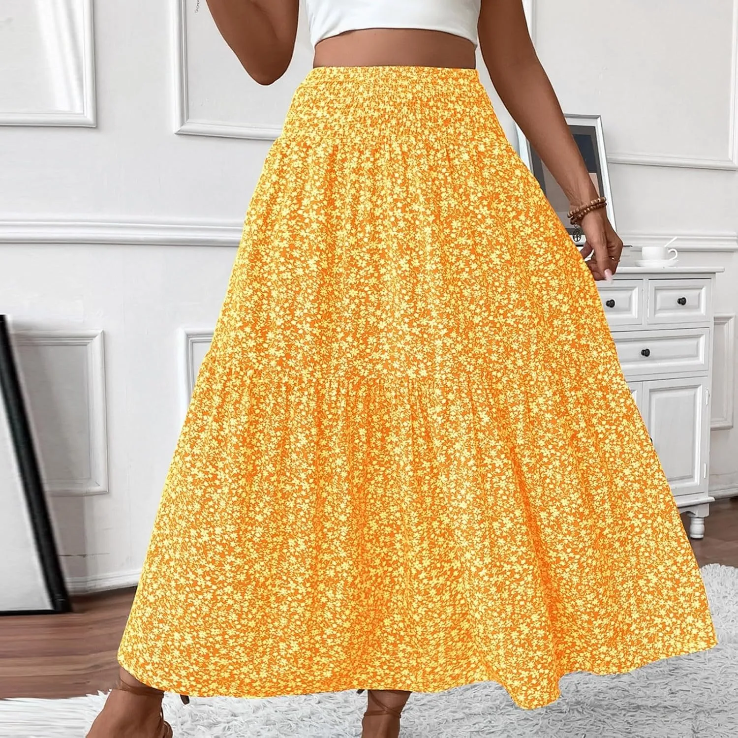 Long Flowy Skirts for Women Smocked High Waisted Floral Maxi Skirt with Pockets Boho Ruffle Tiered Beach A Line Skirt