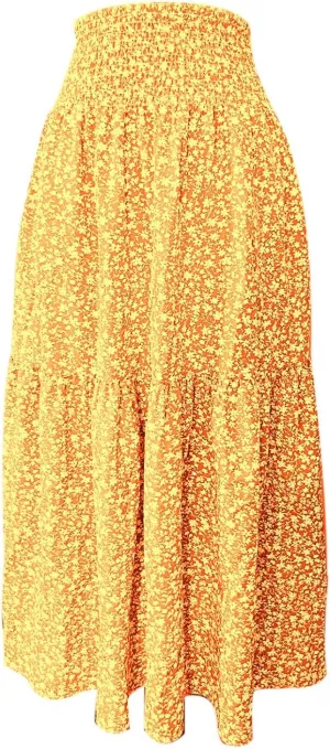 Long Flowy Skirts for Women Smocked High Waisted Floral Maxi Skirt with Pockets Boho Ruffle Tiered Beach A Line Skirt