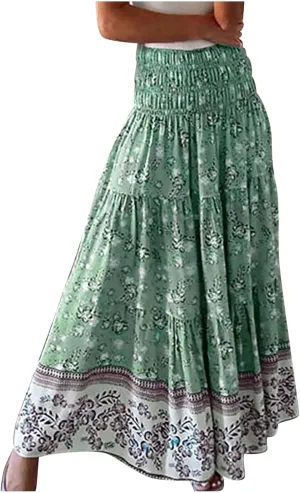 Maxi Boho Floral Skirts for Women 2025 Trendy Summer High Elastic Waist A Line Skorts Long Flowy Skirts