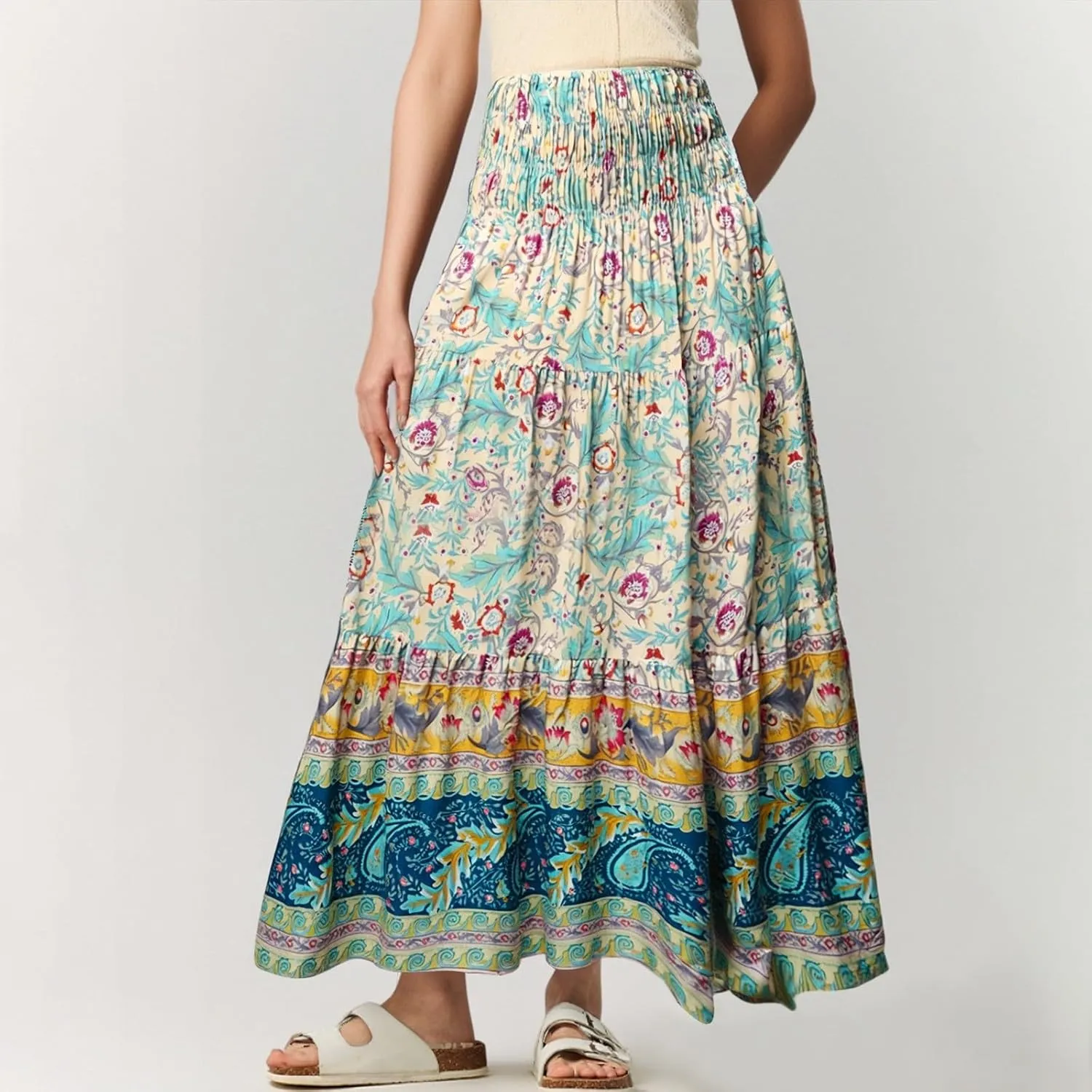 Maxi Boho Floral Skirts for Women 2025 Trendy Summer High Elastic Waist A Line Skorts Long Flowy Skirts