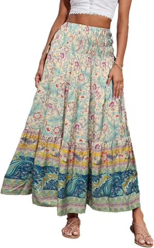 Maxi Boho Floral Skirts for Women 2025 Trendy Summer High Elastic Waist A Line Skorts Long Flowy Skirts