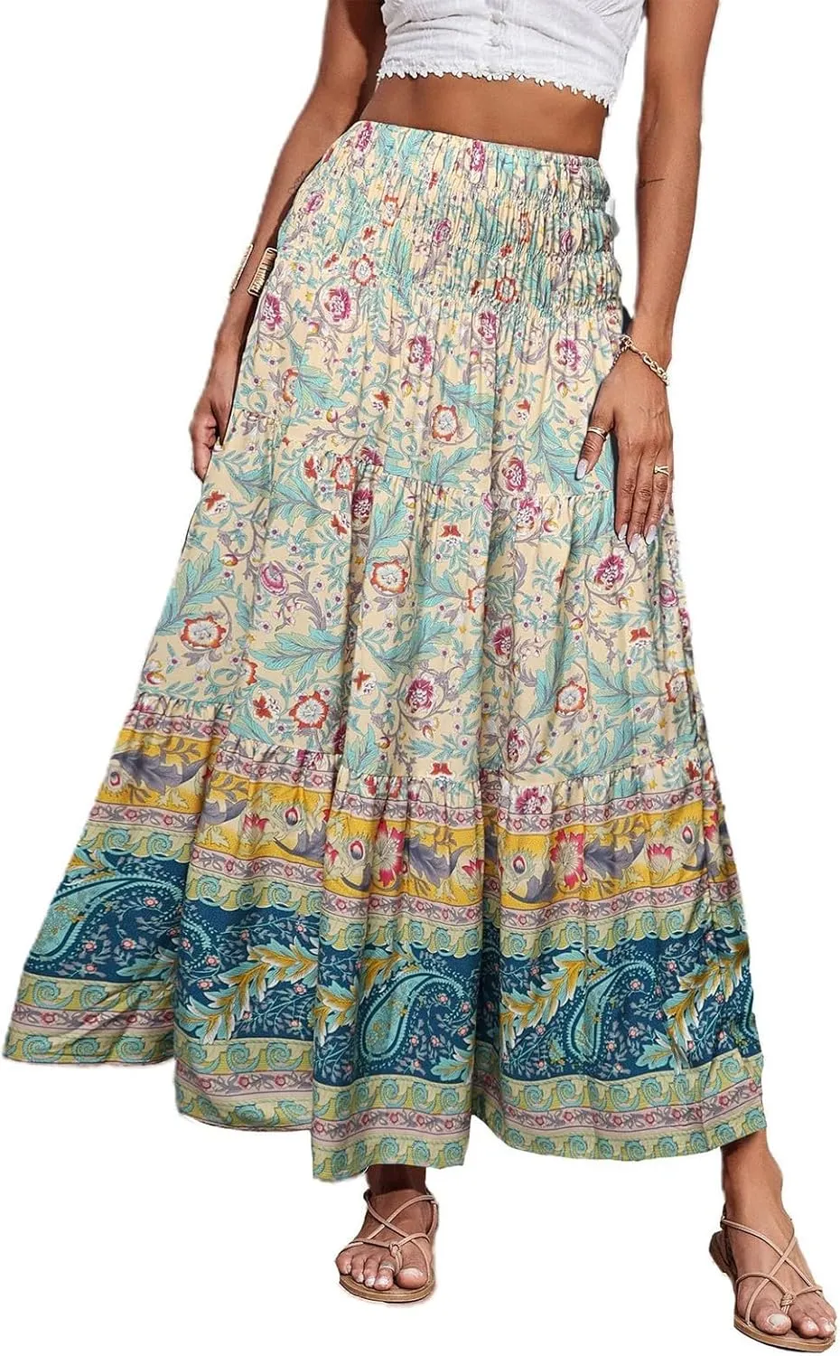 Maxi Boho Floral Skirts for Women 2025 Trendy Summer High Elastic Waist A Line Skorts Long Flowy Skirts