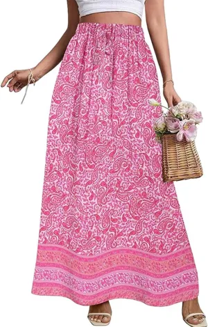 Maxi Boho Floral Skirts for Women 2025 Trendy Summer High Elastic Waist Drawstring A Line Skorts Long Flowy Skirts