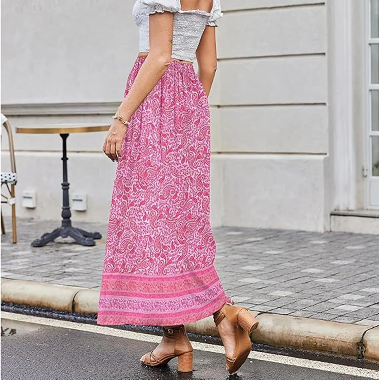 Maxi Boho Floral Skirts for Women 2025 Trendy Summer High Elastic Waist Drawstring A Line Skorts Long Flowy Skirts