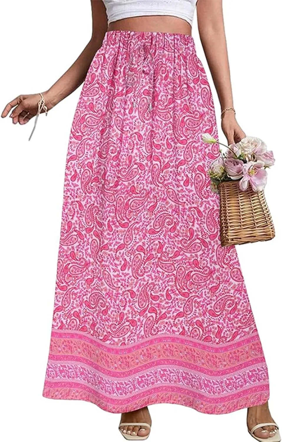 Maxi Boho Floral Skirts for Women 2025 Trendy Summer High Elastic Waist Drawstring A Line Skorts Long Flowy Skirts