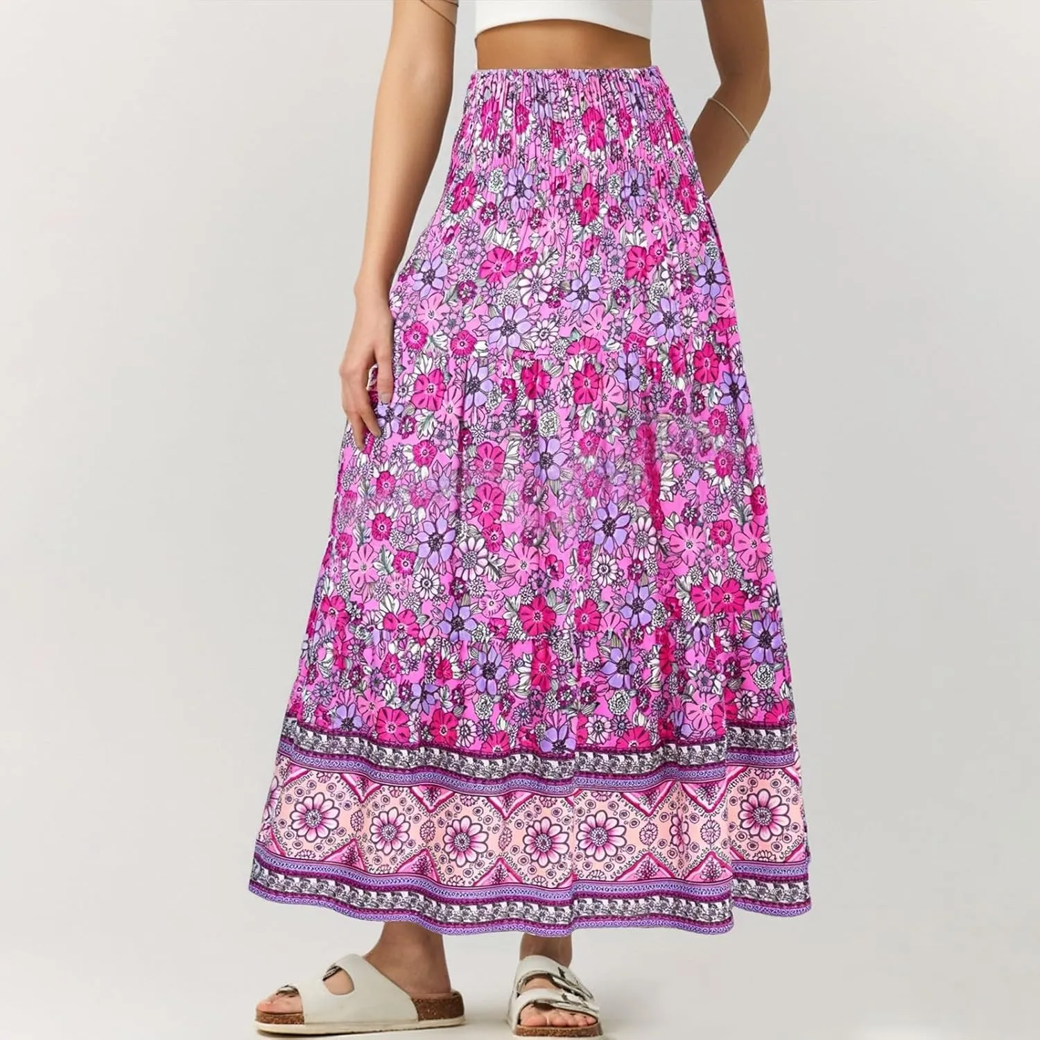 Maxi Boho Floral Skirts for Women 2025 Trendy Summer High Elastic Waist Long Flowy Skirts A Line Skorts