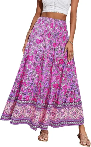Maxi Boho Floral Skirts for Women 2025 Trendy Summer High Elastic Waist Long Flowy Skirts A Line Skorts