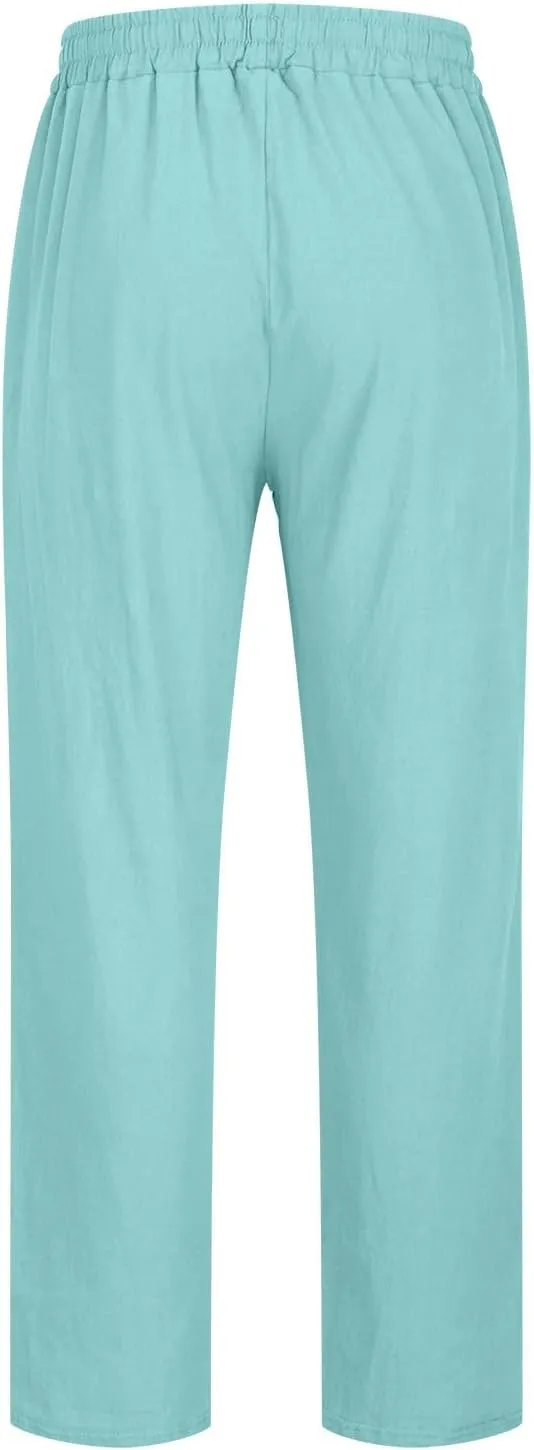 Men's Linen Blend Drawstring Wide Leg Pant Classic Elastic Waist Solid Joggers Pants Casual Hiking Outdoor Trousers