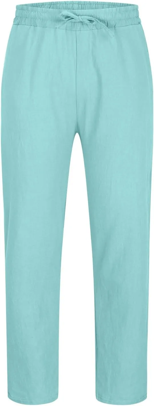Men's Linen Blend Drawstring Wide Leg Pant Classic Elastic Waist Solid Joggers Pants Casual Hiking Outdoor Trousers